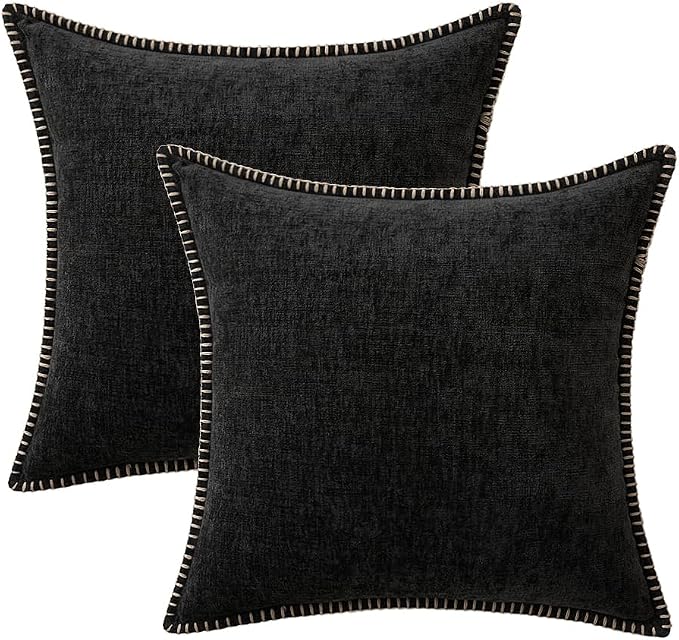 MIULEE Pack of 2 Couch Throw Pillow Covers 18x18 Inch Black Farmhouse Decorative Pillow Covers with Stitched Edge Soft Chenille Solid Dyed Pillow Covers for Sofa Bed Living Room