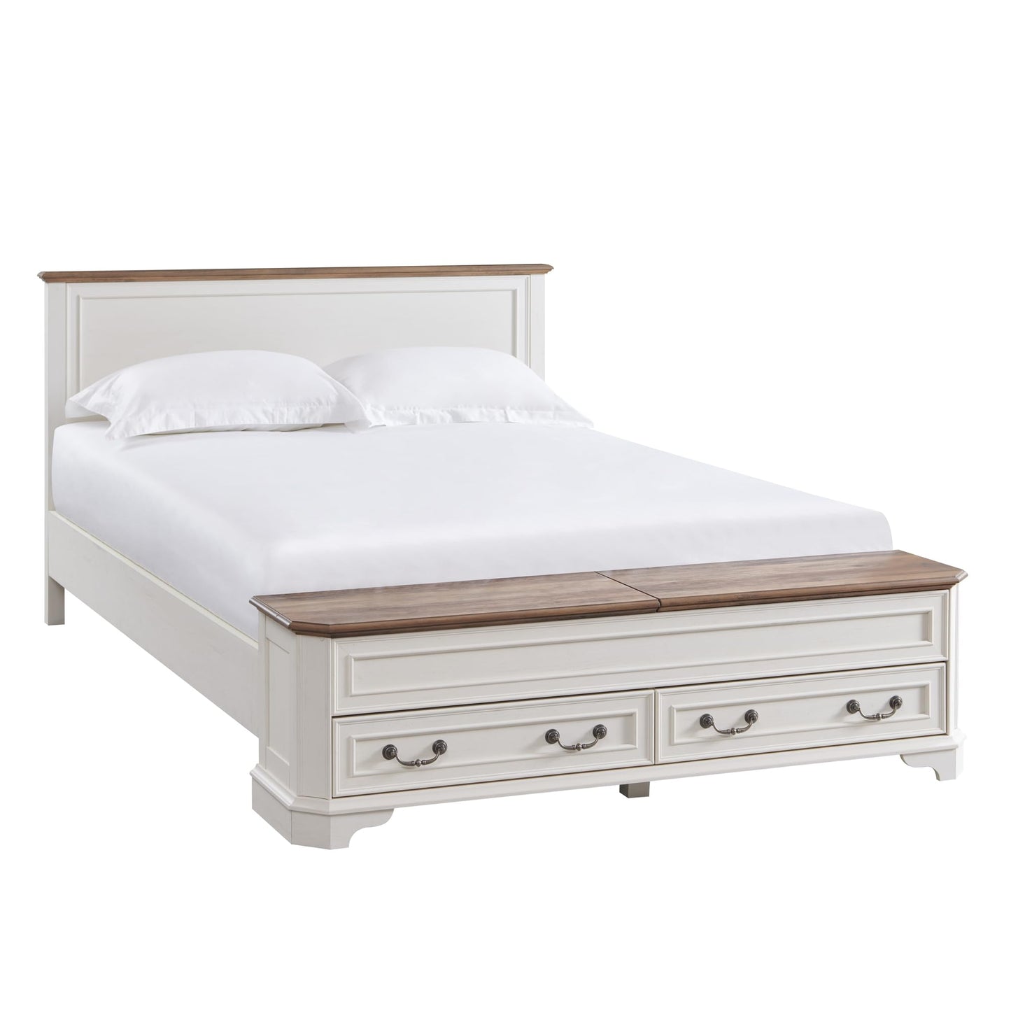 T4TREAM Farmhouse Queen Bed with Headboard and Storage Bench, Rustic Wood Platform Bed with 64" Storage Chest w/ 4 Large Drawer (Antique White)