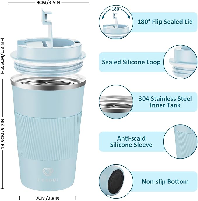 CS COSDDI 12 oz Stainless Steel Vacuum Insulated Tumbler - Coffee Travel Mug Spill Proof with Lid - Coffee Cups for Keep Hot/Ice Coffee,Tea and Beer (3rd pale blue)