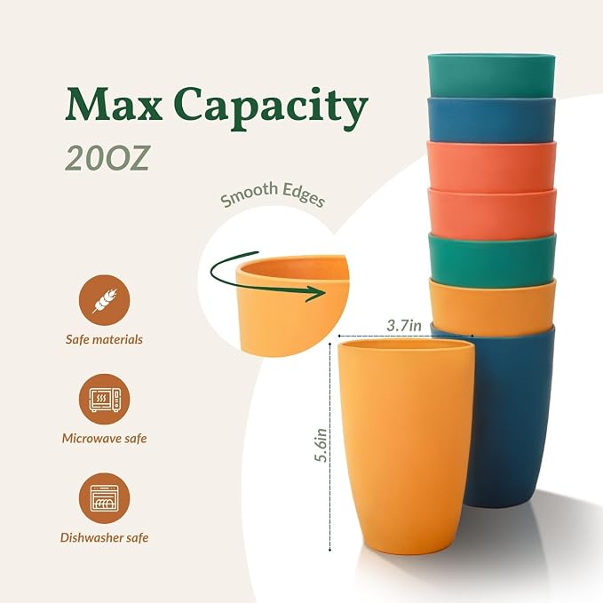 Homienly Plastic Cups Alternative, Unbreakable 20 OZ Wheat Straw Cups-Set of 8, Reusable Lightweight Drinking Glasses for Water, Juice, Dishwasher Safe Cups Sets for Kitchen, Outdoor, RV(Multi)