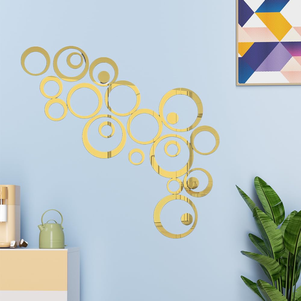 24 Pieces Wall Stickers Acrylic Circle Mirror Removable Mirror Wall Decoration Wall Decals Murals for Home Living Room Bedroom Decor (Gold-Circle)