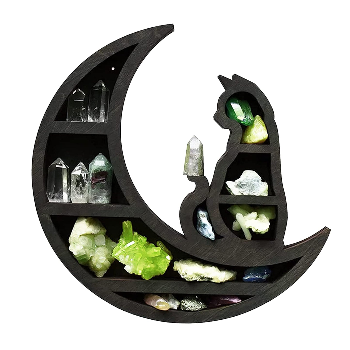 EMVANV Wooden Crystal Shelf, Moon Cat Home Improvement Wall Mounted Jewelry Rack Wooden Crystal Shelf Kitchen(Black,Size:30x30x3cm)