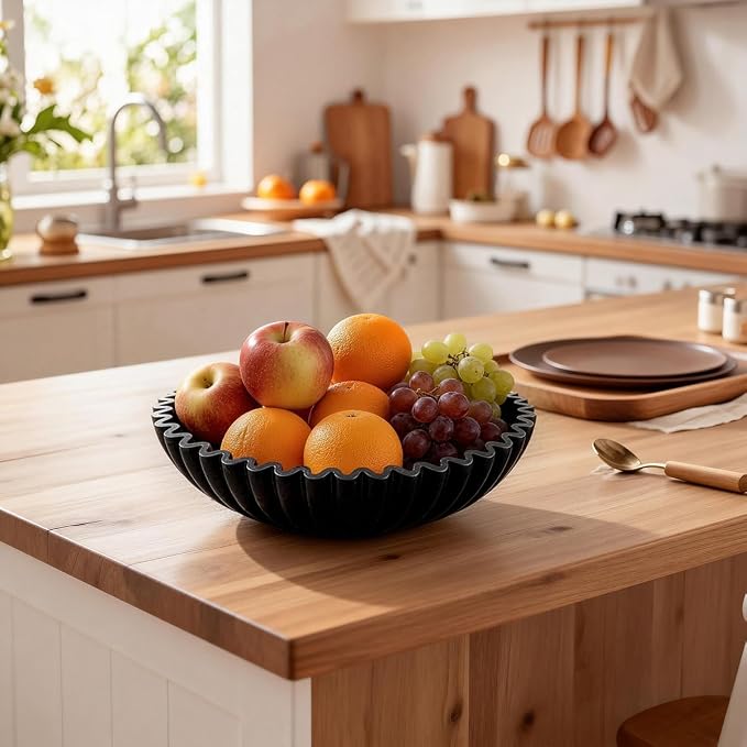Large Modern Ruffle Bowls, Artificial Stone Decorative Catch All Bowl for Kitchen Counter and Entryway Table, Handcrafted Fruit Bowls and Key Bowl for Home Decor(Black)