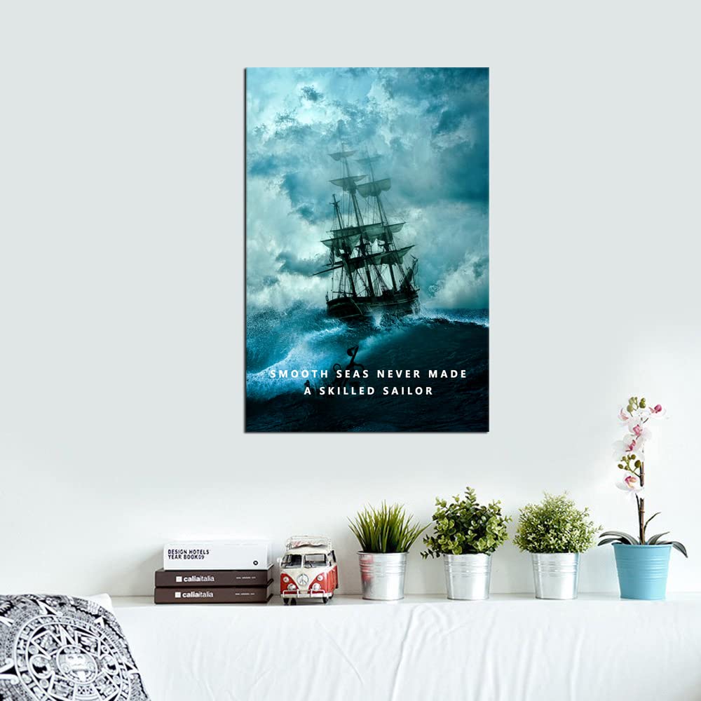 Motivational Canvas Art Office Decor Wall Art Lessons of Life Inspirational Quote Smooth Sea Never Made A Skilled Sailor Inspiring Poster Print for Home Framed Art Ready to Hang [12''W x 18''H]