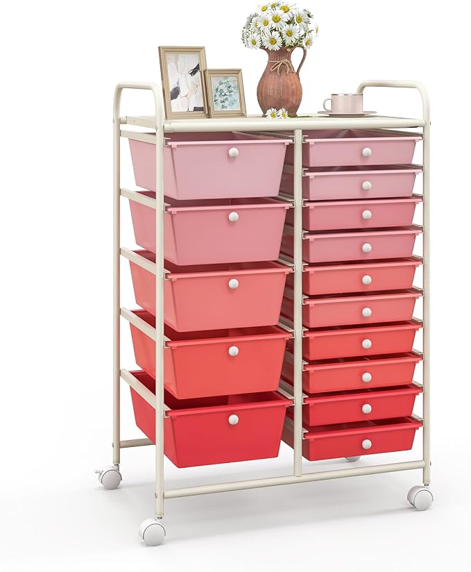 Giantex 15 Drawers Rolling Cart, Classroom Organizers, Storage Cart with Wheels, for Teacher Office Home School Supplies Tool Craft Art Paper