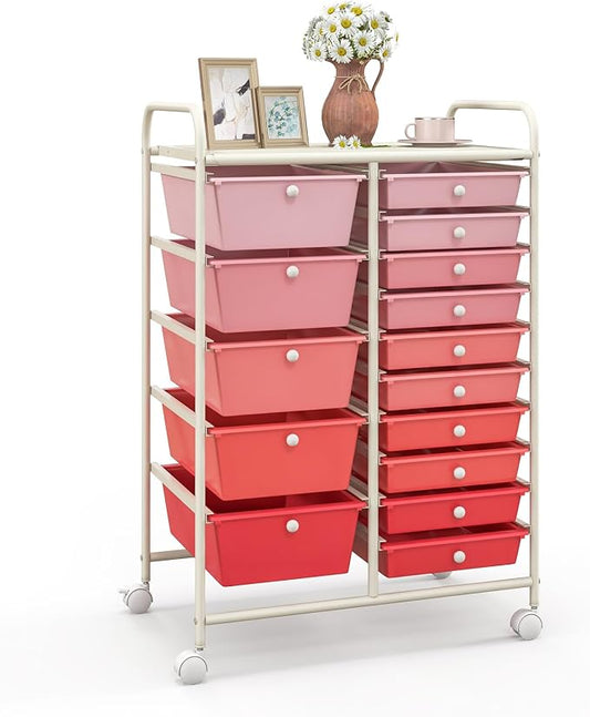 Giantex 15 Drawers Rolling Cart, Classroom Organizers, Storage Cart with Wheels, for Teacher Office Home School Supplies Tool Craft Art Paper