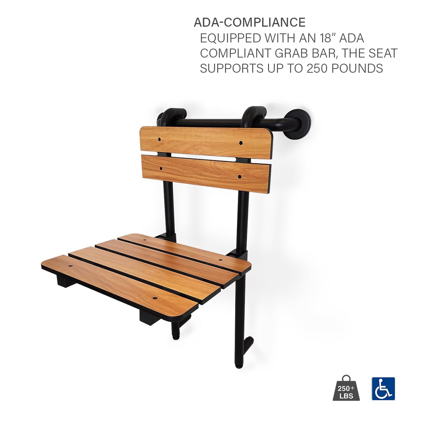 Seachrome Profile Folding Shower Seat with 18 inch Grab Bar, Removable Hanging Bench with Backrest & Legs, Teak Phenolic Seat, Black Semi-Gloss Grab Bar
