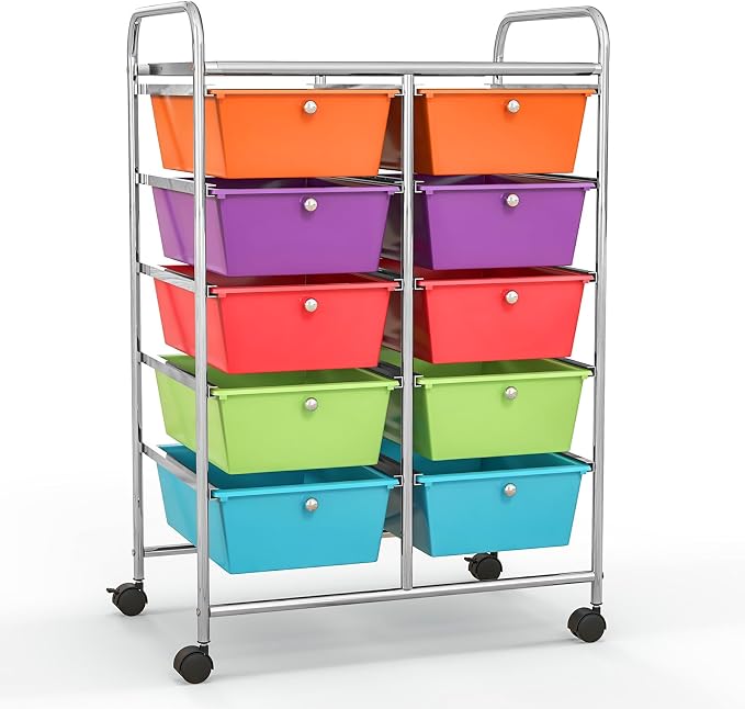 Giantex 10 Drawers Rolling Cart, Classroom Organizers, Storage Cart with Wheels, for Teacher Office Home School Supplies Tool Craft Art Paper, Rainbow Color