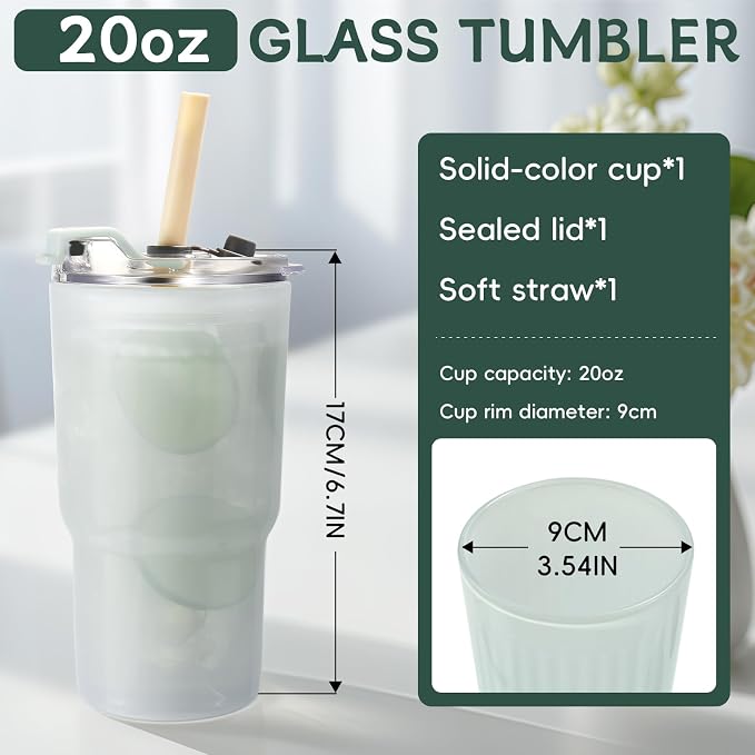 Iced Coffee Cups with Lids: Coffee Bar Accessories - Ribbed Glass Tumbler with Silicone Straw and Lid - 20oz Leak Proof Reusable Glass Cups and Tumblers with Lid and Silicone Straws(1Pcs-Blue)