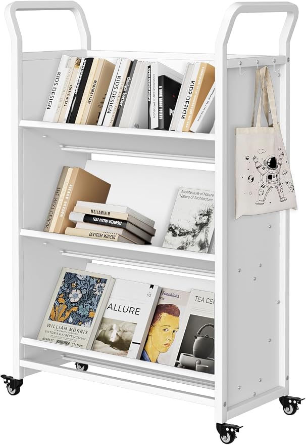 GarveeHome Book Cart with Wheels, Heavy-Duty Mobile Bookshelf Organizer, Single Sided V-Shaped Rolling Library Cart with Locking Casters for Office, School & Home, White