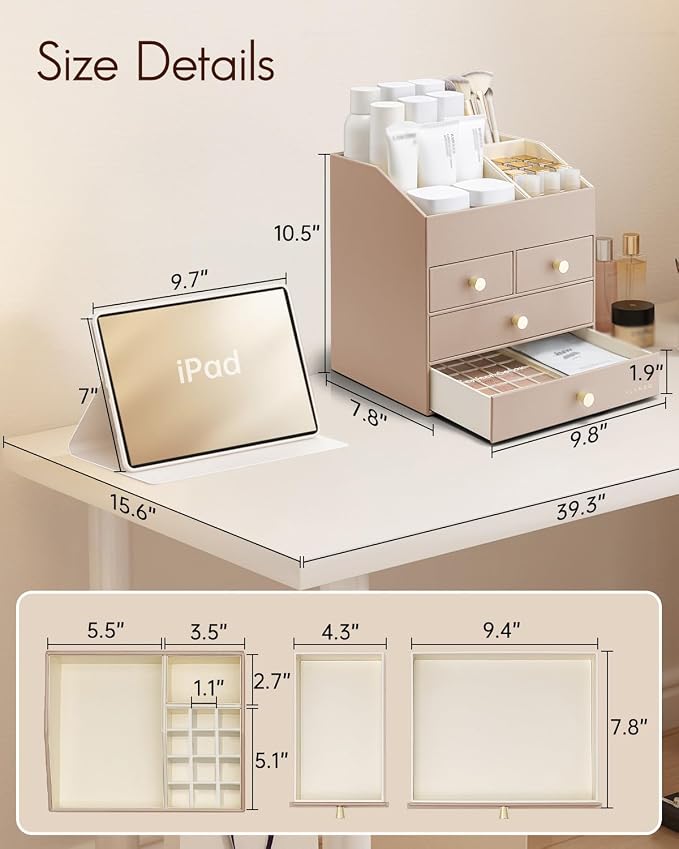 VLANDO Makeup Organzier,Vanity Organizer with Drawers, PU Leather Skincare Organizer Perfume Organizer,Large Cosmetic Display Case for Lipstick,Brushes Gifts for Women, Toffee, 4 Layer