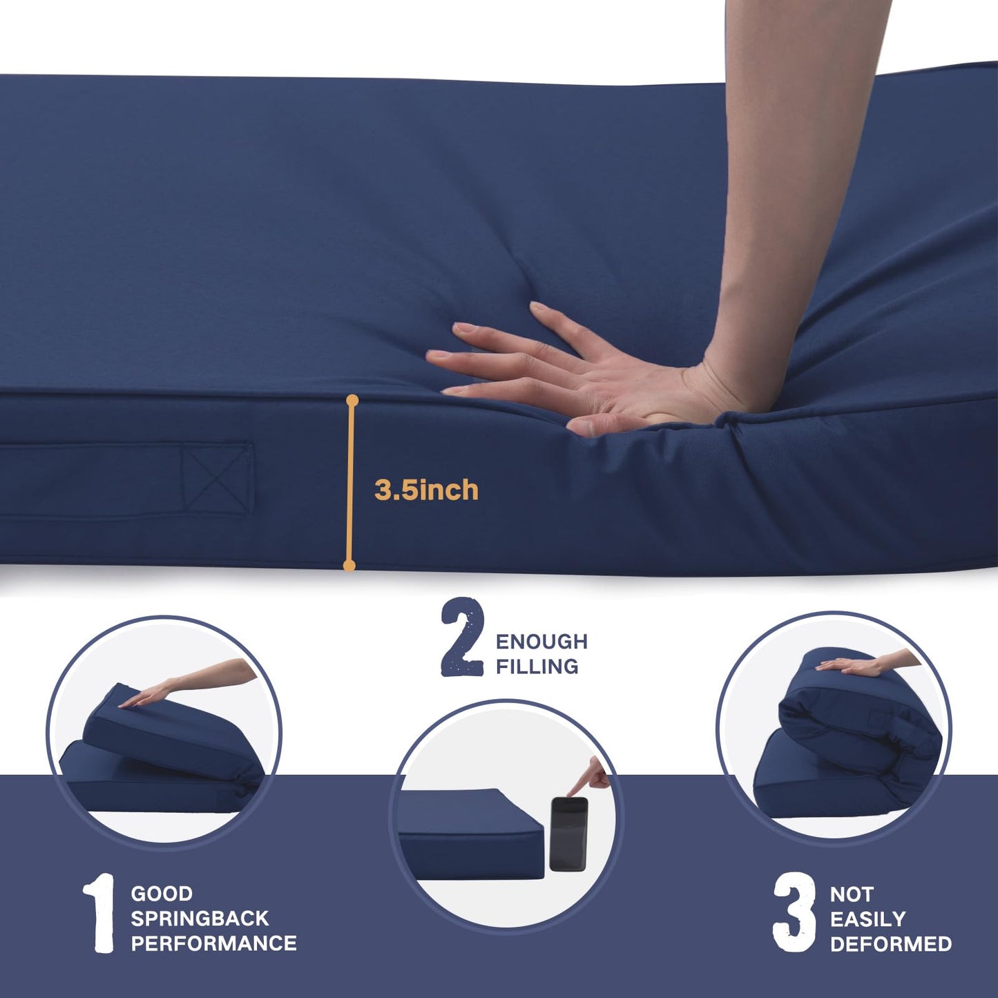 YIJIAN HOME Outdoor Bench Cushion 48 x 18 x 4 Inch, Memory Foam Patio Bench Cushion for Outdoor Furniture Waterproof, Porch Swing Pad with Handle and Adjustable Strap, Navy