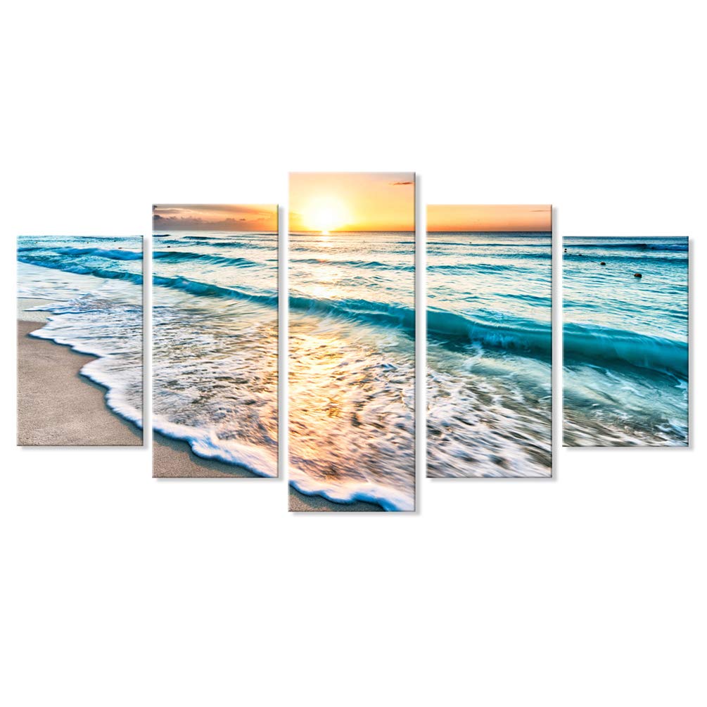 Goldfoilart 5 Pieces Beach Coastal Wall Art Sea Sunset Seascape Pictures Ocean Photography Canvas Large Horizontal Landscape Multi Framed Artwork for Bedroom Living Room Bathroom Wall Decor