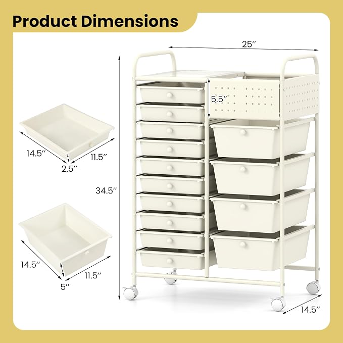 GOFLAME 14-Drawer Rolling Storage Cart with Pegboard, Craft Storage Cart with Lockable Wheels and Metal Frame, Multifunctional Art Cart Supply Storage Organizer for Home Office Classroom, White