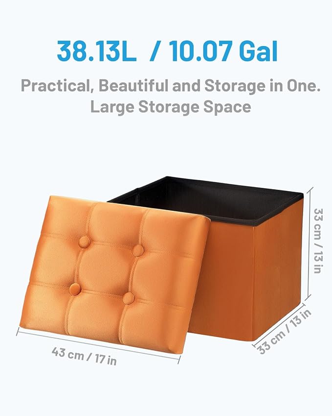 AmasSmile Storage Ottoman Foot Rest Stool, 17 inch Velvet Footstool Bench, Short Ottomans Stool, Small Folding Storage Ottoman Store Books, Records, Orange