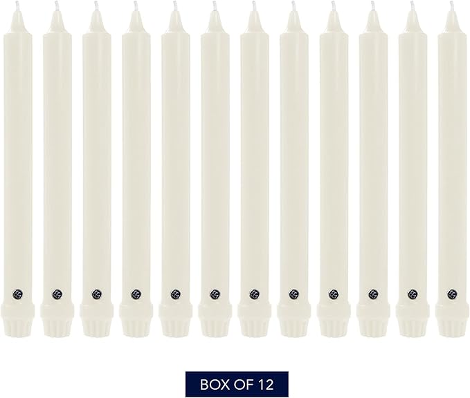 Colonial Candle Unscented Taper Candle, Classic Collection, White, 8 In, Pack of 12 - Up to 6 Hours Burn