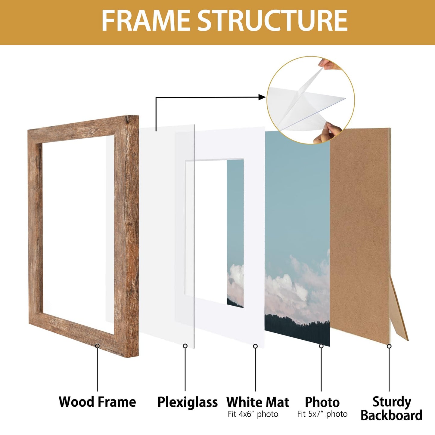 Califortree 5x7 Picture Frame - Can Display Photo 4x6 with Mat, Wood Frame with Shatterproof Plexiglass, Wall & Tabletop Display, Rustic Brown