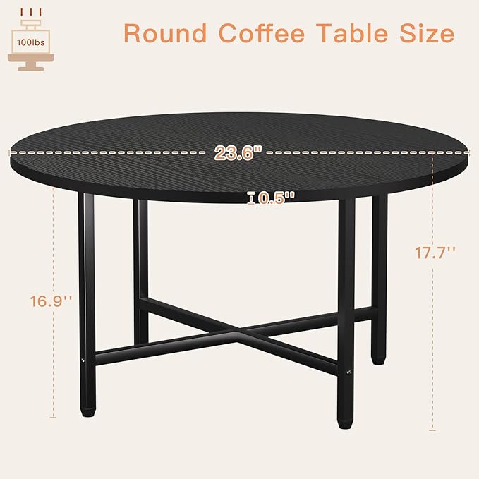 FAMIDGE Coffee Table, 23.6" Coffee Tables for Living Room, Round Coffee Table with Metal Frame, Floor Table for Sitting on The Floor, Home, Office, Black
