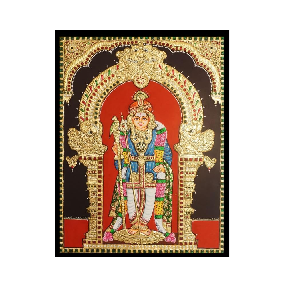 Tarang Arts Murugan God Tanjore Painting, Traditional Handmade 2D Emboss Design with 22-Carat Gold Foil, Jaipur Stones, Wooden Frame for Home Decor, Puja Room, Wall Hanging (Murugan Painting 24*18