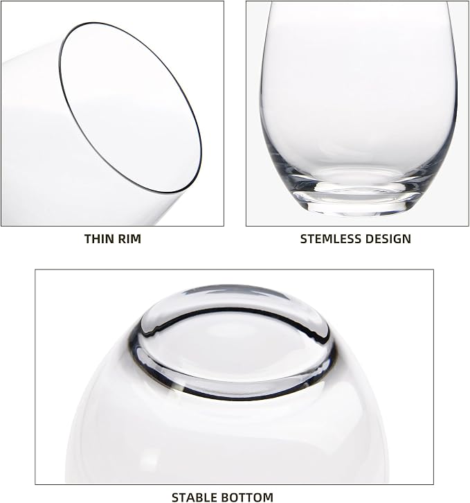 FAWLES Stemless Wine Glasses Set of 12, 15 Ounce Smooth Rim Standard Wine Glass Tumbler for Red, White Wine, Dishwasher Safe