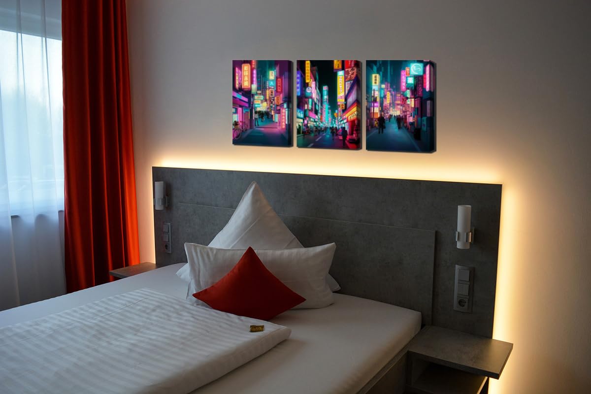 Anime Posters Japanese Wall Art Framed 3 Pieces Tokyo Neon Streets Night Japan City Wall Decor Poster for Living Room Bedroom Bathroom Japanese Room Decor Stretched Ready to Hang