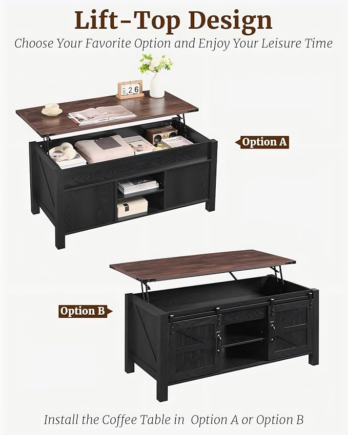 OKD 48" Farmhouse Lift Top Coffee Table with Sliding Barn Door, Rustic Center Table w/Hidden Storage Compartment, Lift Tabletop Dining Table w/Adjustable Shelf for Living Room,Black & Walnut Oak