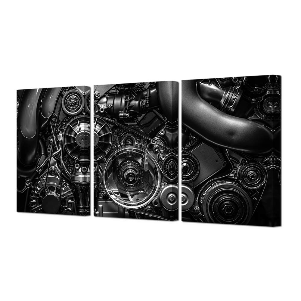 HOMEOART Engine Wall Art Closeup Gear and Chain Black and White Picture Canvas Print Gallery Wrapped Man Cave Wall Decor 24"x48" (3 Panels)