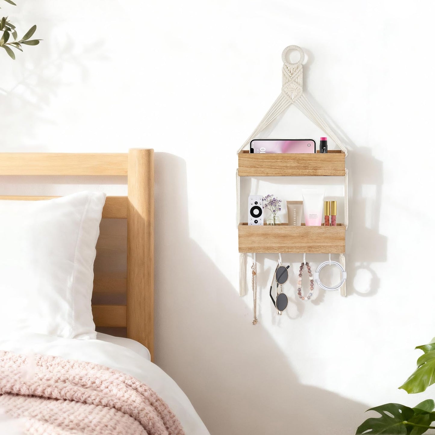 Mkono Macrame Wall Hanging Shelf Wood Floating Shelves with Cute Woven Rope Boho Room Decor Display Photos Plant Hanging Storage Shelves for Bathroom, Bedroom, Living Room, Nursery