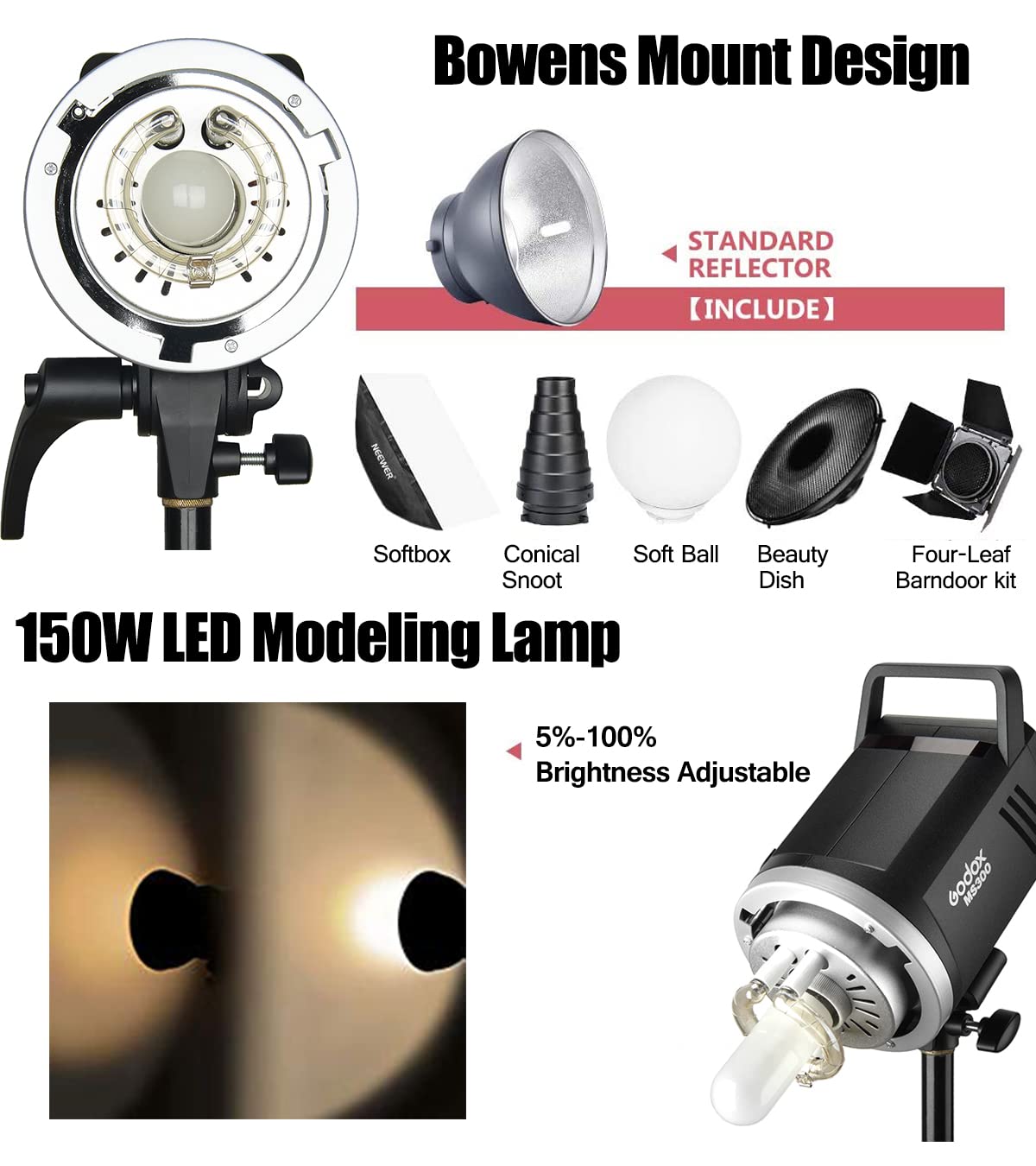 2pcs Godox MS300 600W Studio Strobe Flash Kit Bowens Mount Lighting,2.4G Wireless GN58 5600K Monolight with 150W Modeling Lamp,RT-16 Flash Trigger,Light Stands,Softbox,Umbrellas,Reflectors
