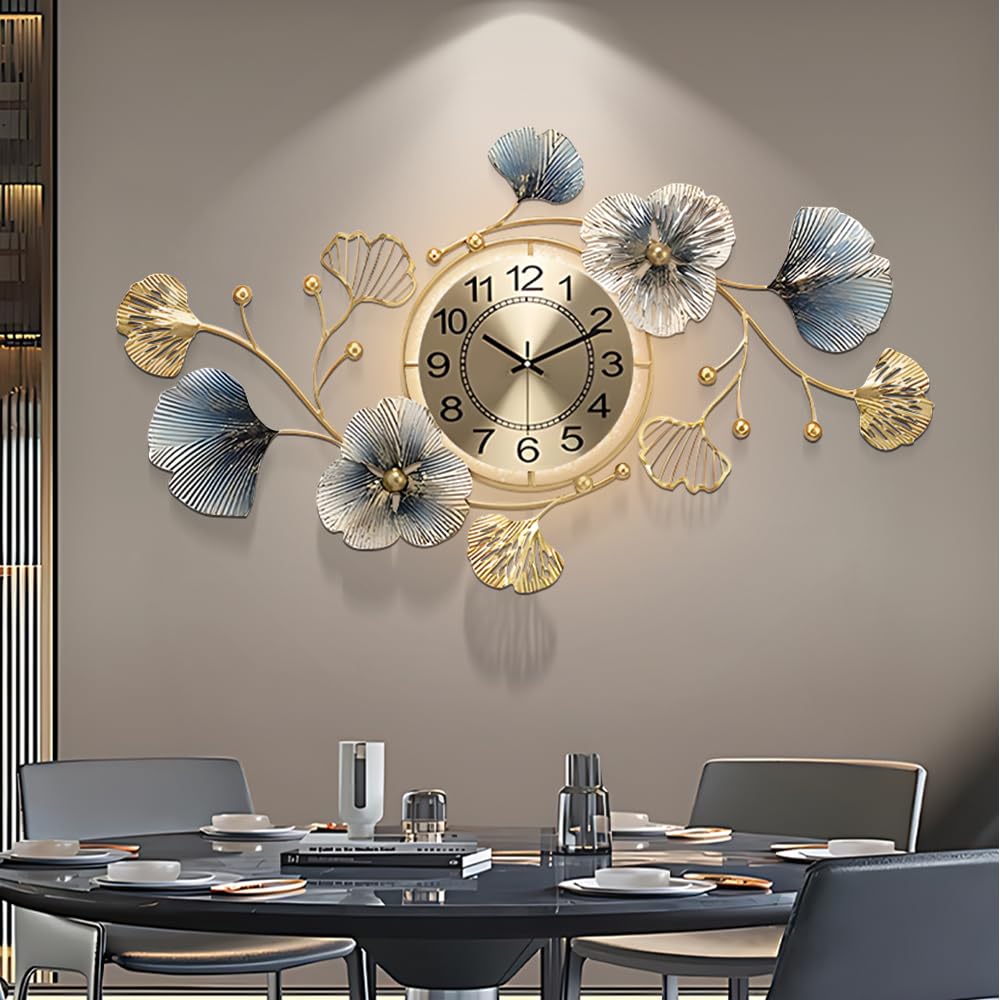 LJSCLDF Large Metal Wall Clocks with Led Light,Silent Creative Decorative Clock,3D Ginkgo Leaf Wall Clocks for Living Room Bedroom Kitchen Office Decor (33.6 X 20 inch)