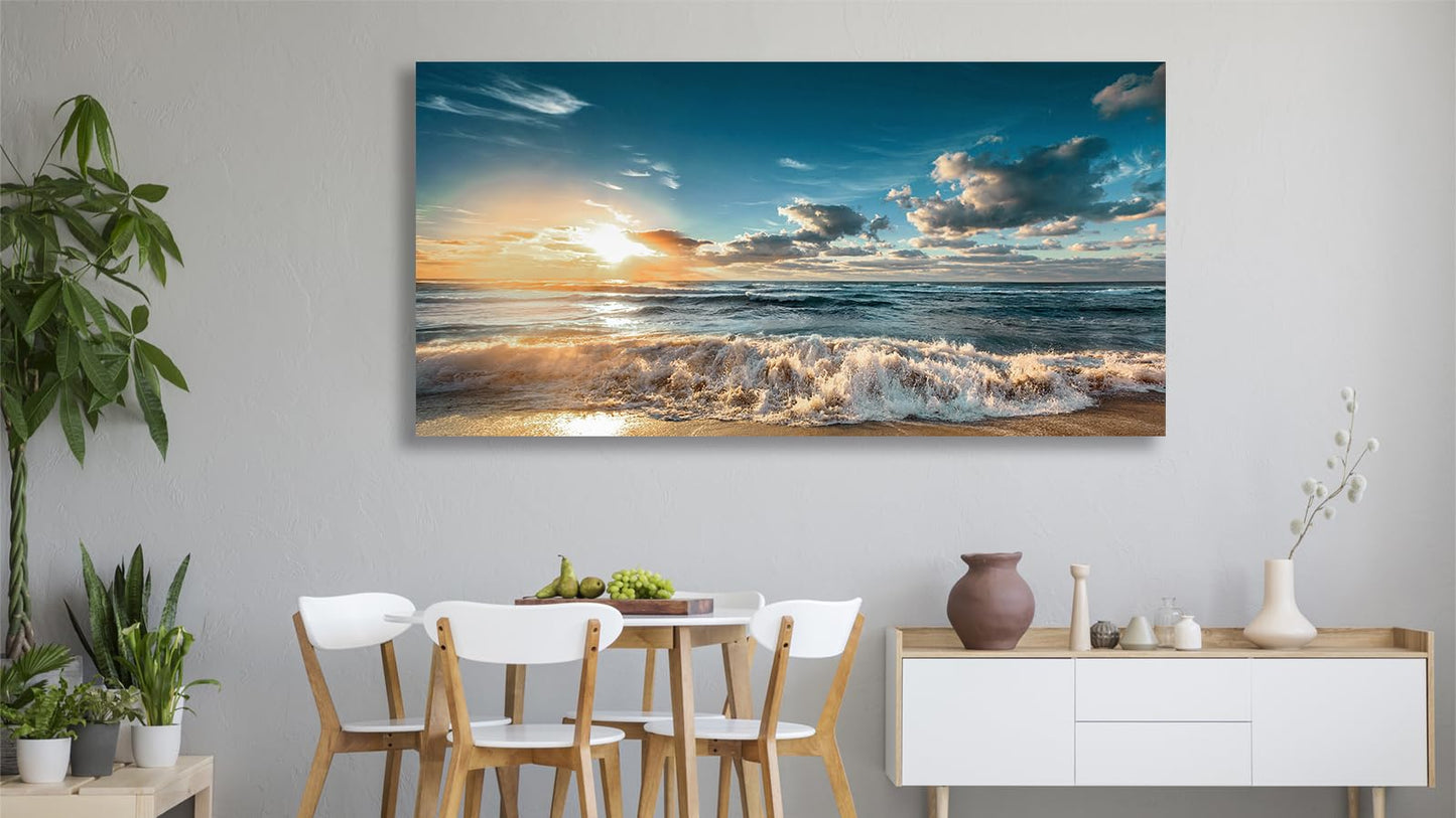 yearainn Sunset Beach Wall Art - Sea Beach Canvas Pictures Blue Ocean Wall Decor Coastal Waves Painting Nature Landscape Print Artwork for Living Room Bedroom Bathroom Home Office Decoration 24" x 48"