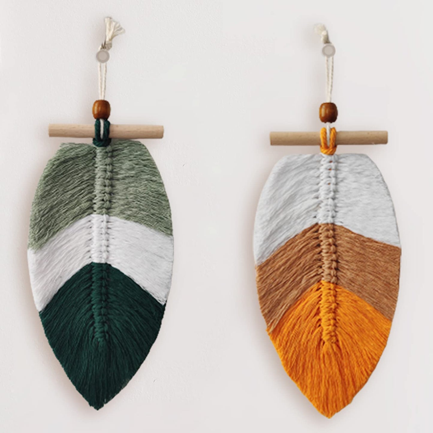ZARROUEA 2 Pieces Boho Leaf Wall Decor,Bohemian Macrame Wall Hanging - Chic Feather Leaf Wall Art Decor Cotton Handmade Woven for Bedroom Living Room Apartment Ornaments (Green and Yellow)