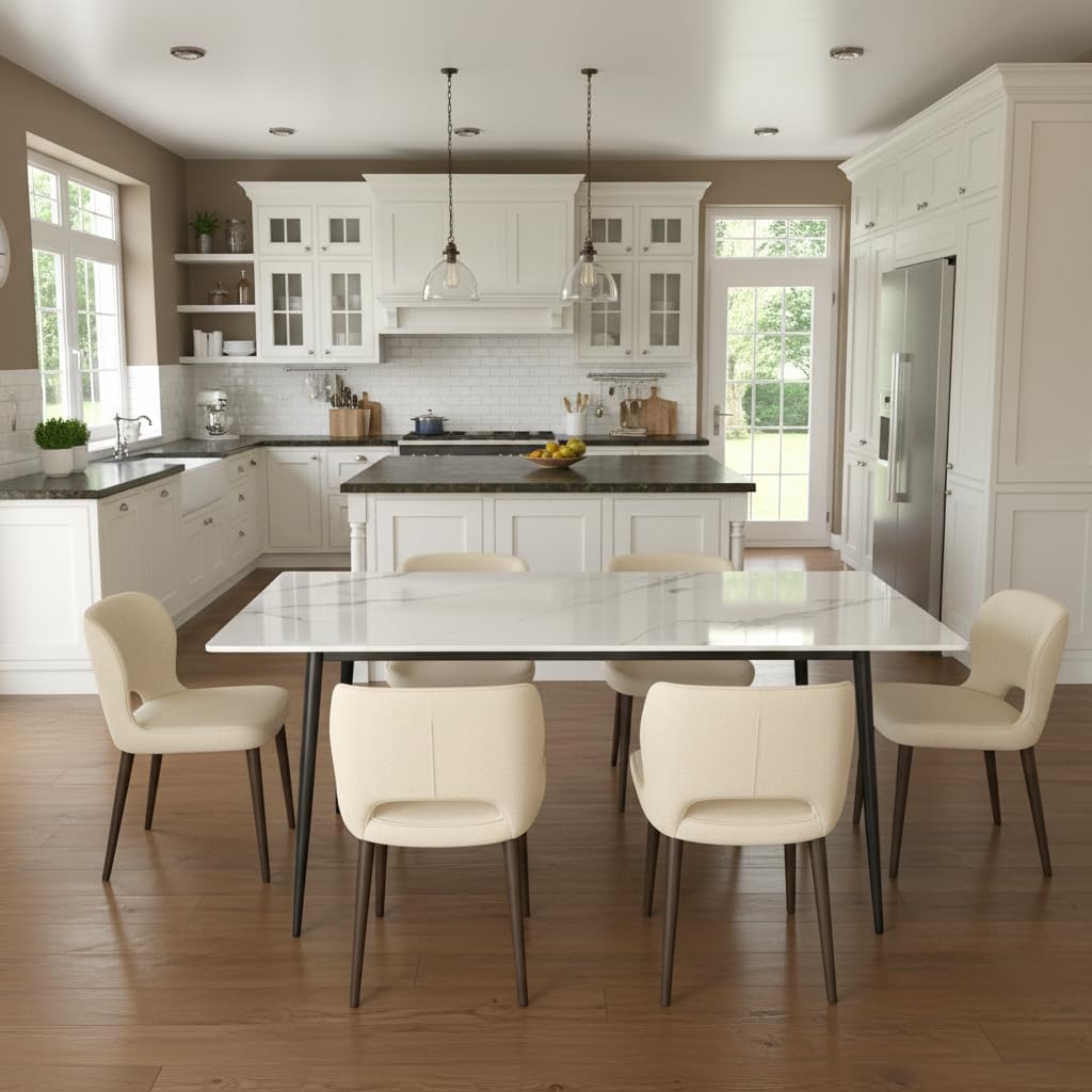 63" Modern Dining Table, Sintered Stone Kitchen Table for 4-6 peoples, White Sintered Stone Dining Tabletop with Metal Legs, Fax Marble Dining Table for Dining Room, Backyard Heat Resistant(63"x31.5")