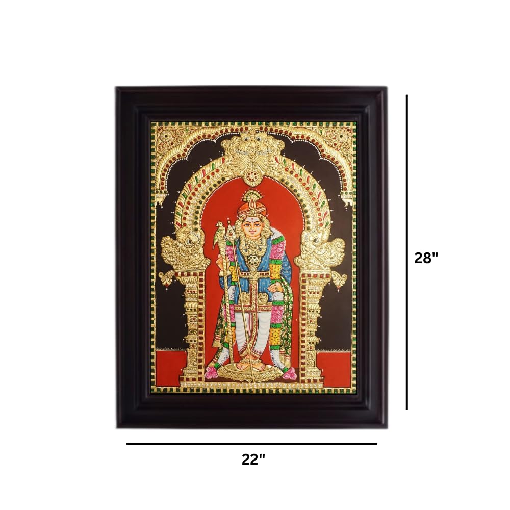 Tarang Arts Murugan God Tanjore Painting, Traditional Handmade 2D Emboss Design with 22-Carat Gold Foil, Jaipur Stones, Wooden Frame for Home Decor, Puja Room, Wall Hanging (Murugan Painting 24*18