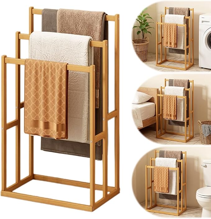 Wooden Blanket Ladder, Multi-Tier Freestanding Blanket Rack, Rustic Quilt Rack and Wood Towel Rack Stand, Farmhouse Decorative Ladder for Bathroom and Living Room, Holds Towels, Blankets, Quilts