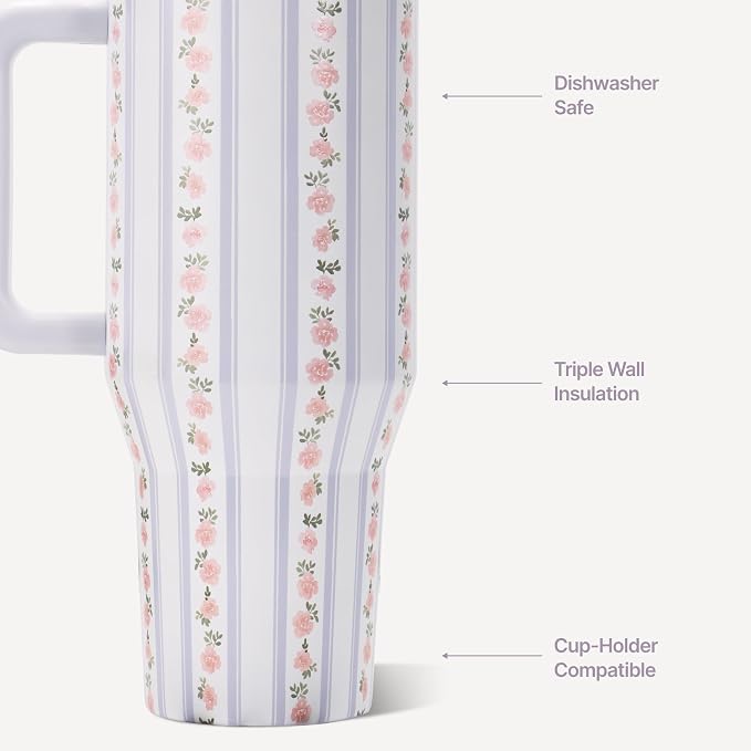 HydroJug Traveler - 32 oz Water Bottle with Handle & Flip Straw - Fits in Cup Holder, Leak Resistant Tumbler-Reusable Insulated Stainless Steel & Rubber Base - Gifts for Women & Men, Primrose