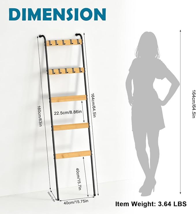 Blanket Ladder Towel Racks for Bathroom 5-Tier Bamboo Blanket Storage Holder with 10 Removable Hooks, Farmhouse Wall Leaning Display Rack Shelf for Living Room Bedroom, Wood Color