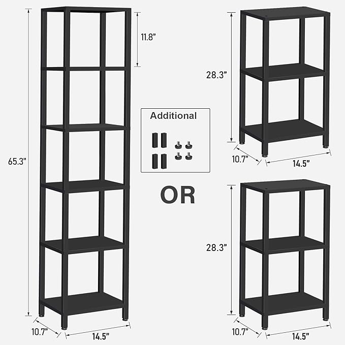 TUTOTAK Bookshelf, 6-Tier Tall Book Shelf, Narrow Bookcase for Small Space, DIY Stackable Bookshelf, for Living Room, Office, Study, Entryway, Industrial, Black BS01BK006