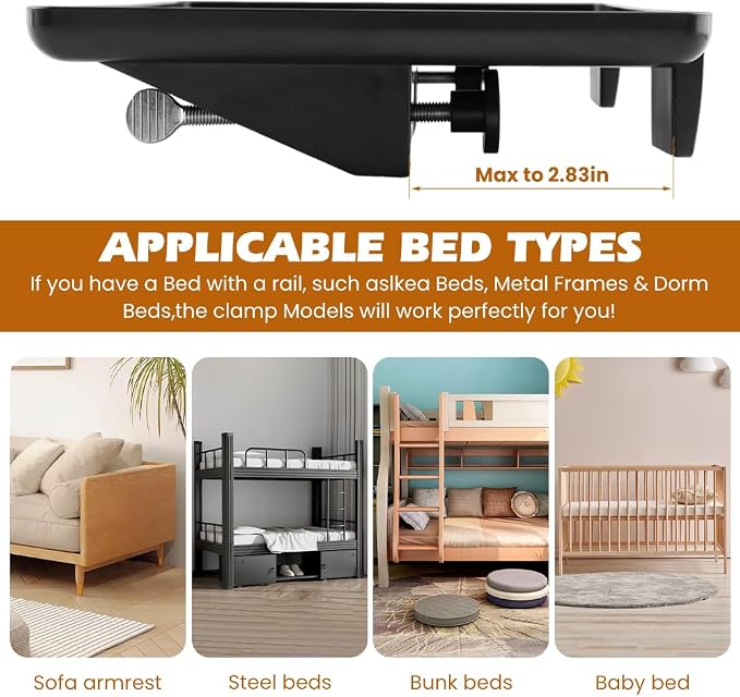Bedside Shelf for Top Bunk Bed, College Dorm Room Essential Bed Side Table Tray Organizer, Black Clip on Nightstand Tray with Cable Management for Bunk & Loft Beds