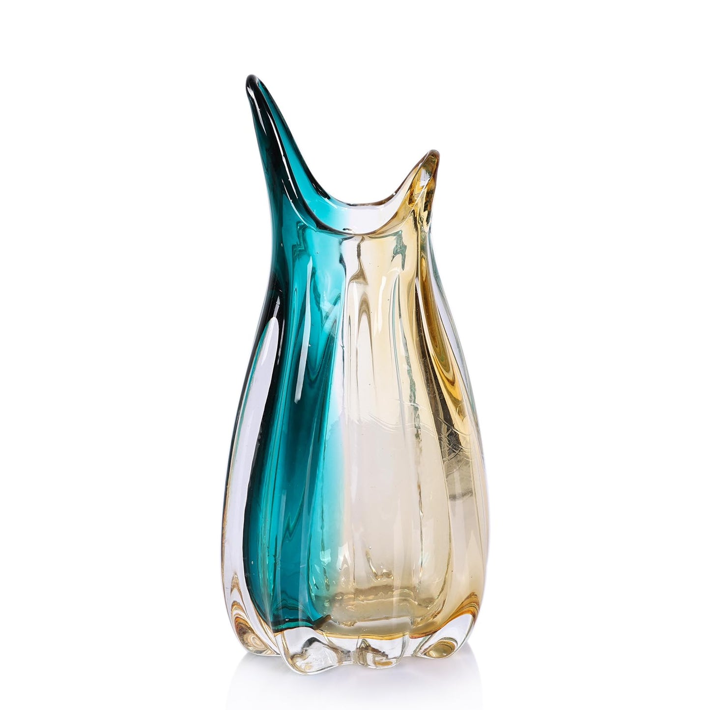 Hand Blown Glass Flower vases,Unique Wide-Mouth Vase,Modern Turquoise Glass Art Decor,for Home Living Room, Office, Table centerpieces, Bookshelves and Wedding Decorations (9.8inch H)
