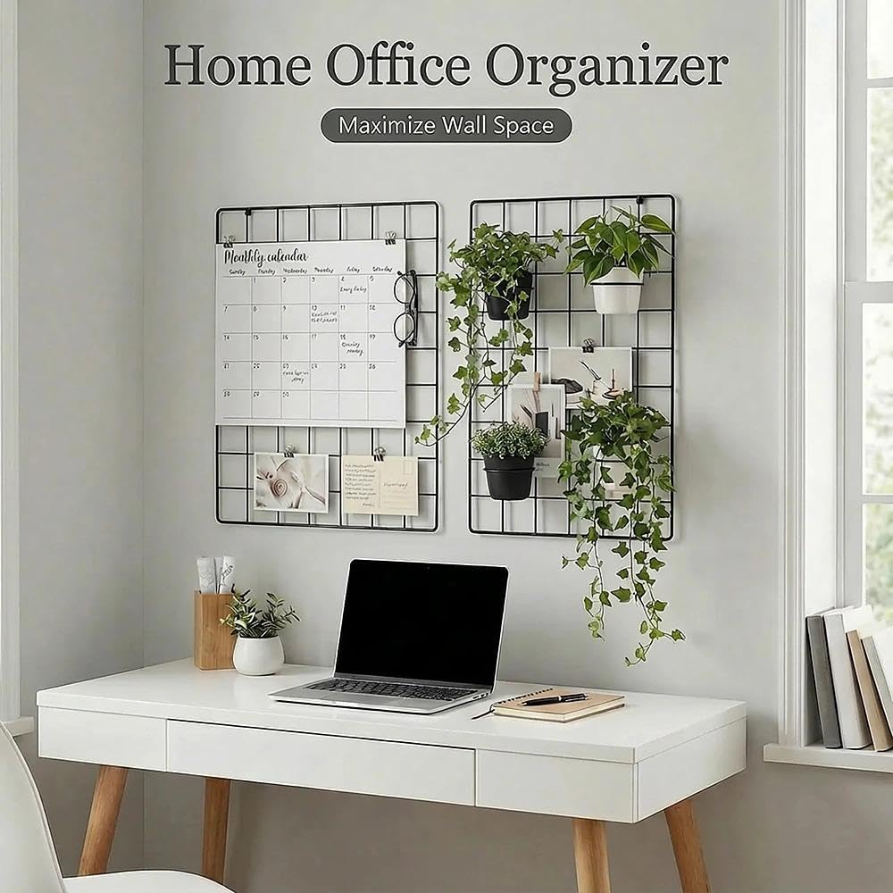 Kaforise Wire Wall Grid Panel, Multifunction Painted Photo Hanging Display and Wall Storage Organizer, Pack of 2, Size 25.6x17.7inch, Black