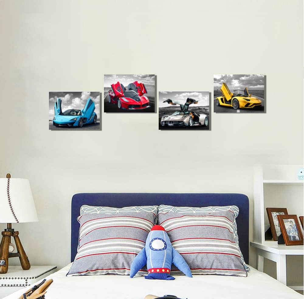 Car Posters Wall Art for Office, Living Room Bedroom Boys Room Décor Sports Wall Art Large Car Art Framed Canvas Print Art Man Cave Decoration Black and White Car Pictures 20"x16", 4pieces