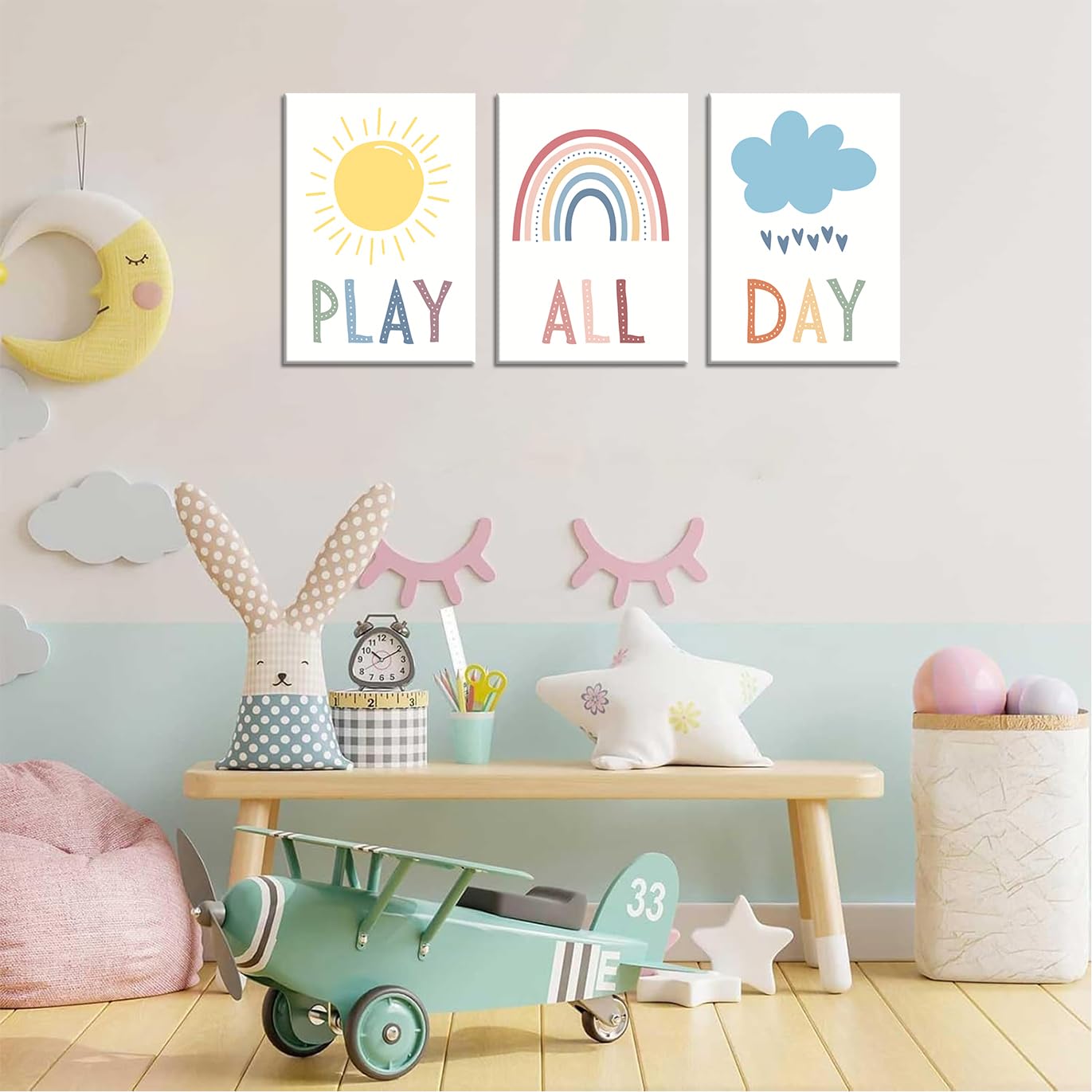 3Pcs Boho Nursery Canvas Wall Art Play All Day Kids Room Wall Decor Pictures Rainbow Sun Cloud Posters Prints for Boy Girl Bedroom Playroom Classroom Decoration, 12x16in