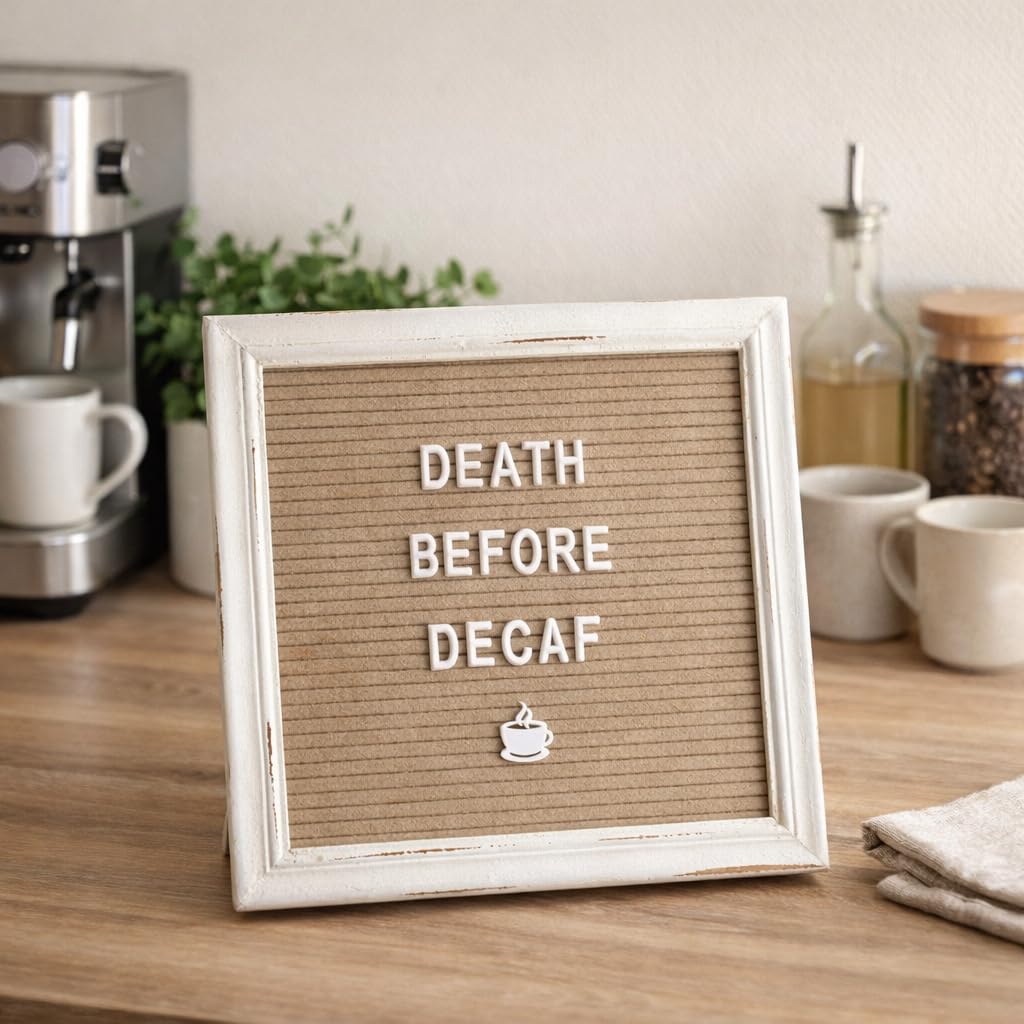 Cappuccino Felt Letter Board Back to School Sign with Rustic Wood White Frame - Farmhouse Letter Board Sign with Stand - Baby Announcement 10x10 Felt Board Changeable Message Board with 350 Letter Set