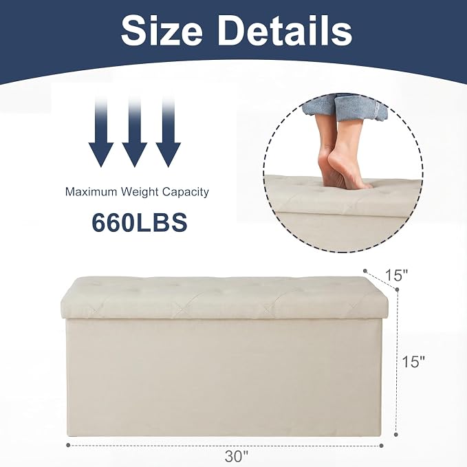 DUMOS 30in Storage Ottoman Bench, Foot Rest Stool Load 350Lbs,Storage Chest with Padded Seat, End of Bed Bedroom Bench for Living Room,Bedroom, Entryway Beige