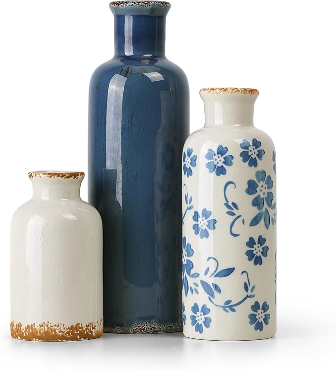 Ceramic Vases Set of 3, Blue and White Vintage Flower Vase for Farmhouse Shelves, Rustic Vase for Table Bookshelf, Living Room Decorative