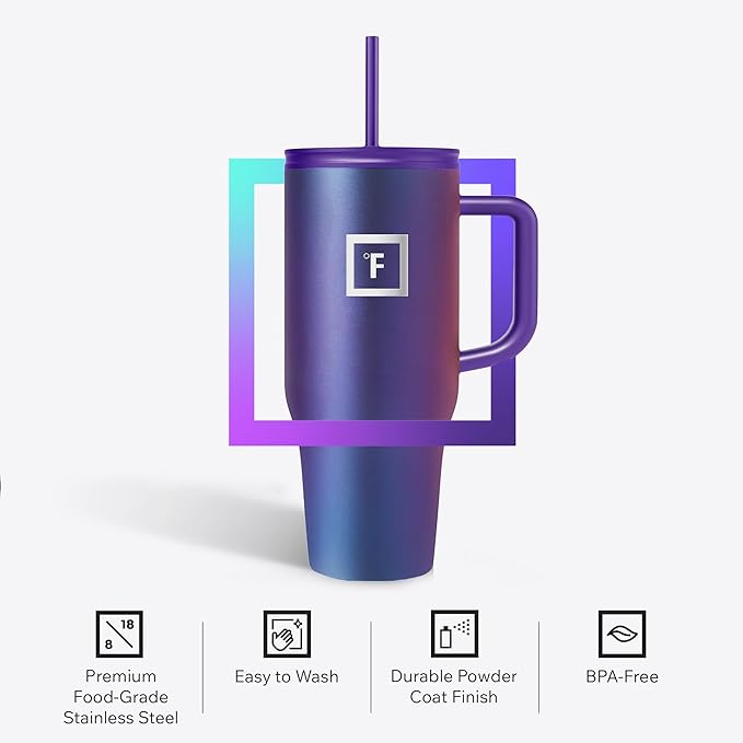 IRON °FLASK Co-Pilot Insulated Mug w/Straw & Flip Cap Lids - Cup Holder Bottle for Hot, Cold Drink - Leak-Proof - Water, Coffee Portable Travel Mug -, 32 Oz