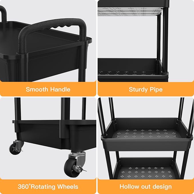 4 Tier Rolling Utility Cart with Drawer,REBECAT Utility Cart Made of Multifunctional Storage Organizer Tool for Kitchen,Bathroom,Living Room,Office(Black)