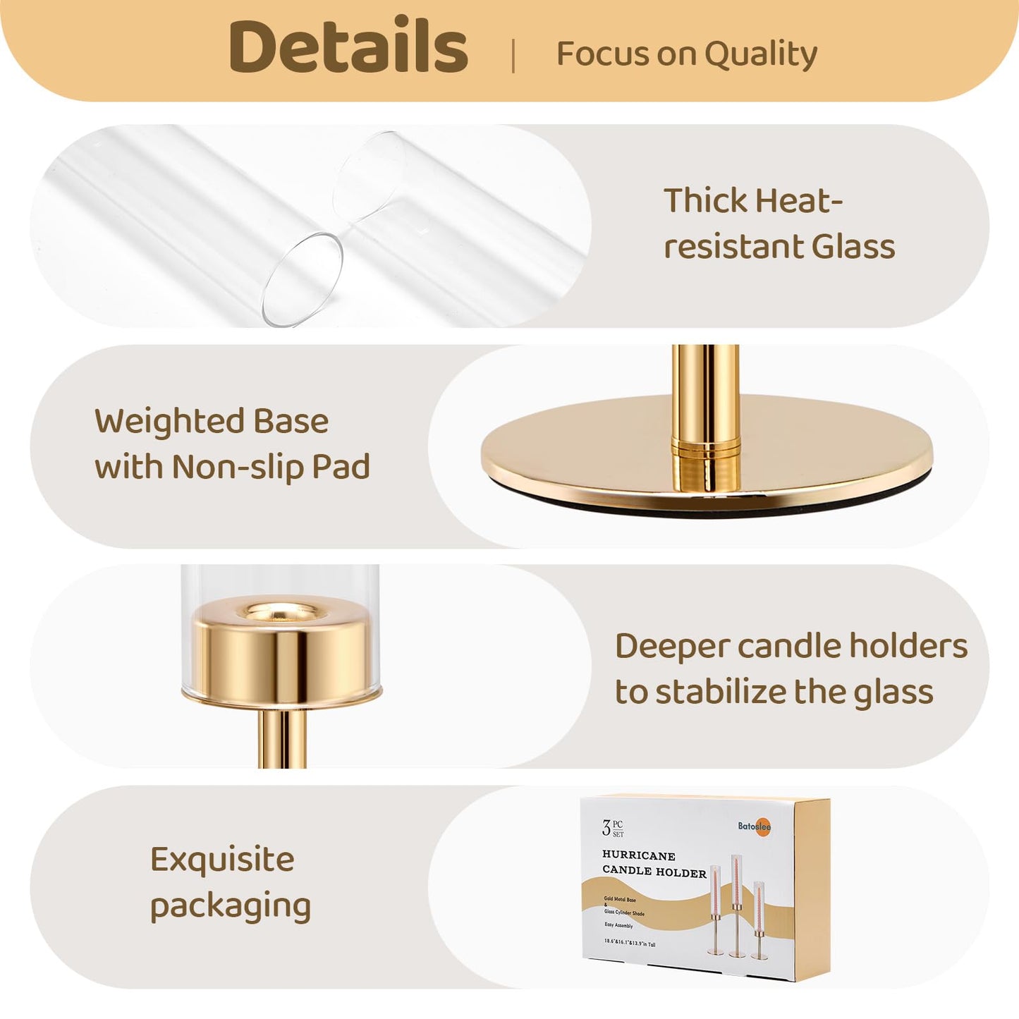 Gold Hurricane Candle Holders Set of 3, Tall Metal & Windproof Glass Taper Candle Holders, Brass Candlesticks Holder Decorations, Table Centerpieces for Weddings, Christmas, Parties, Fireplace Decor