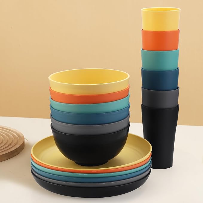 Wheat Straw Dinnerware Sets - SANLUNS 24 Piece Unbreakable Dinnerware Sets, Reusable Wheat Straw Plates and Bowls Sets, Travel Camping Cutlery Set, Dishwasher Microwave Safe Dinnerware Colourful